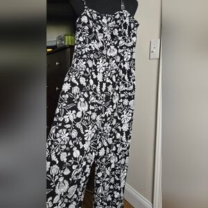 Boho Knox Rose Black and White Floral Adjustable Strap Tank Top Jumpsuit